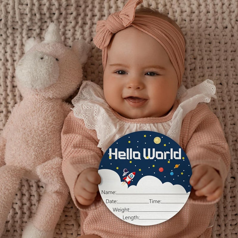 CLHHM Hello World Birth Announcement 6" Round Birch Wood Newborn Sign for Nursery Hospital & Baby Shower, Personalized Baby Name Plaque, Keepsake Décor Gift for New Parents (White Spaceship) - Image 4